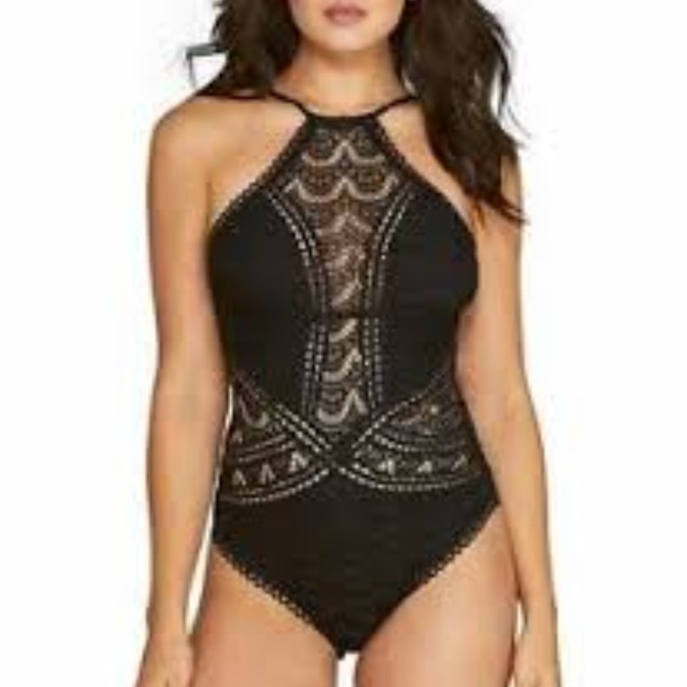 Becca Black Lace high neck One Piece Swimsuit sz Large